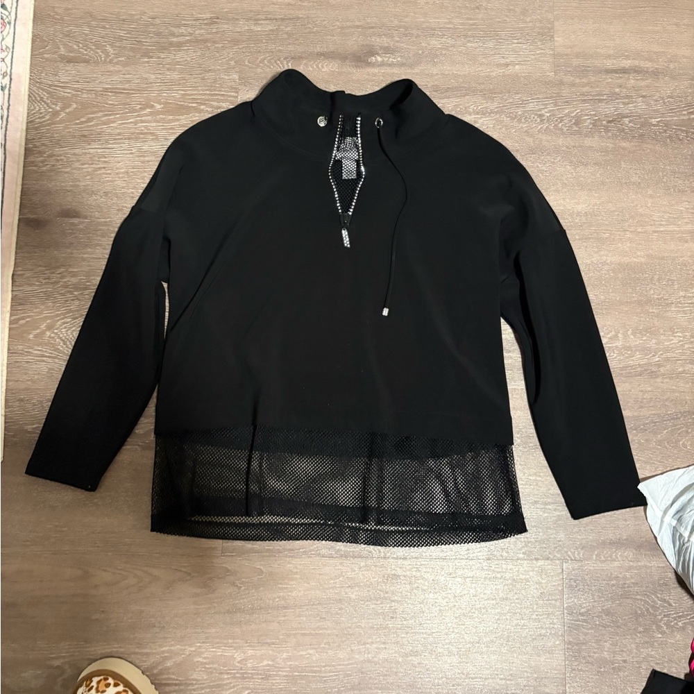 Black Mesh-Hem Funnel Neck Women's Sweater